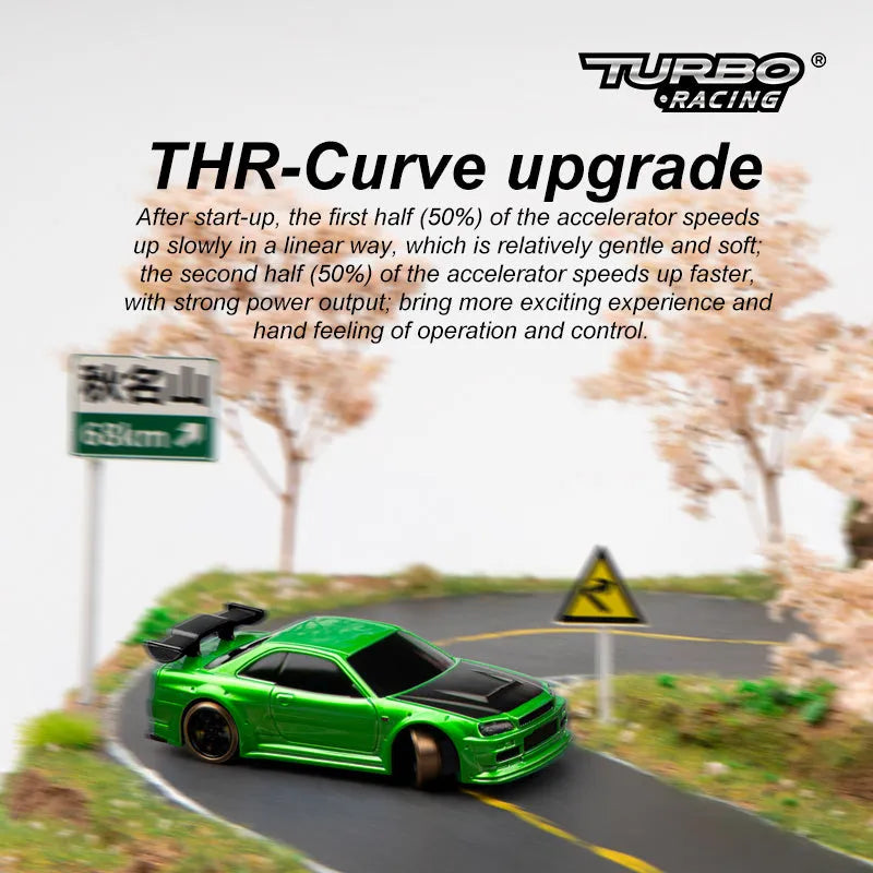 Blue and green Turbo Racing C64 remote control drift cars with handle-style remote controllers