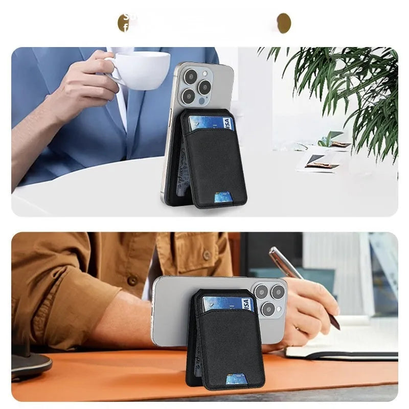 Multifunctional PU mobile phone holder card bag with magnetic suction folding stand in black