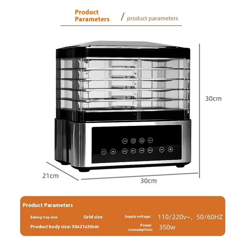 Silver stainless steel household food dehydrator with digital controls and mesh drying trays.