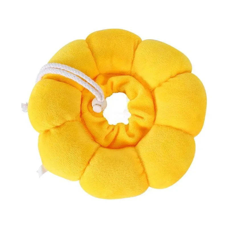 Sunflower patterned cotton recovery collar for a cat or small dog, showing adjustable band.