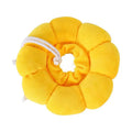Sunflower patterned cotton recovery collar for a cat or small dog, showing adjustable band.