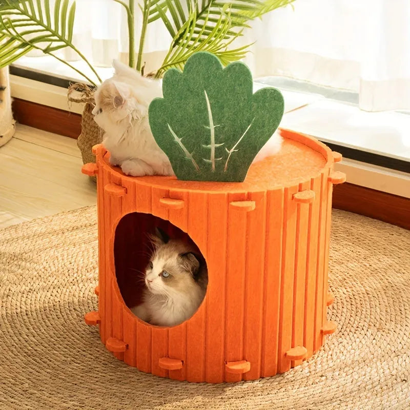 Orange carrot-shaped felt cat bed tunnel with entrance hole, shown in medium and large sizes.