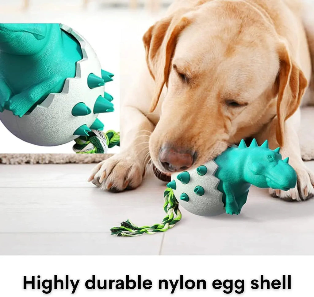 Blue dinosaur-shaped dog chew toy with rope attached for tug games