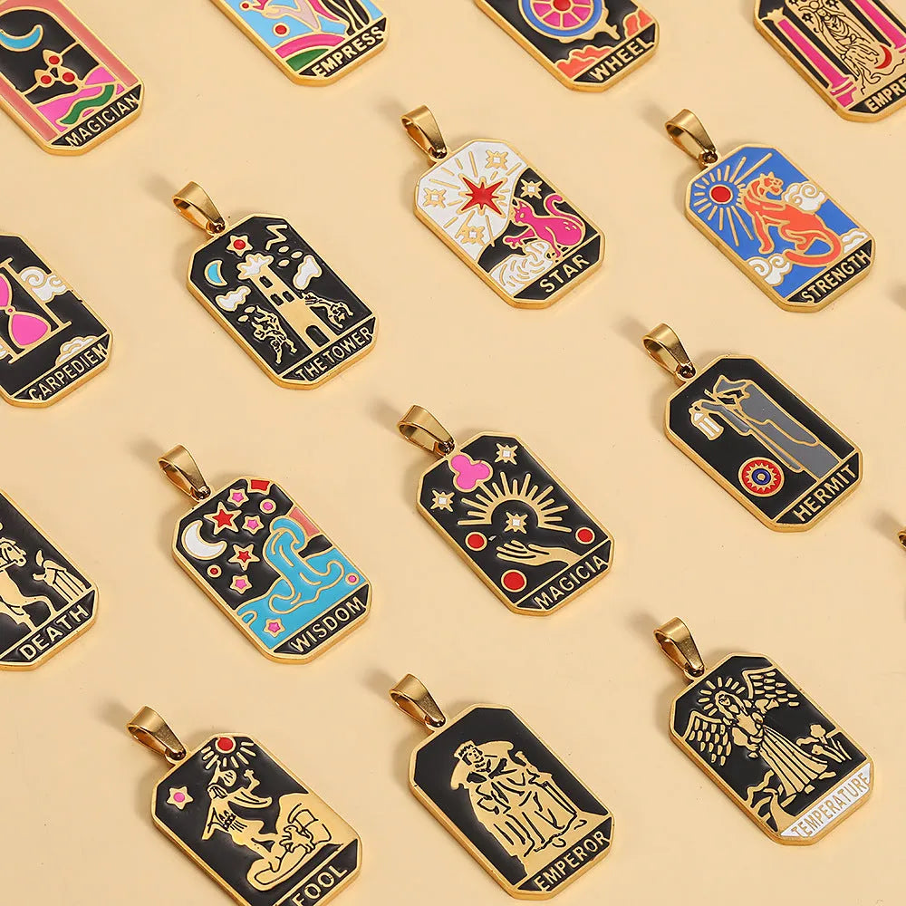 French retro tarot pendant rectangular dripping oil finish 304 stainless steel 2.1 cm