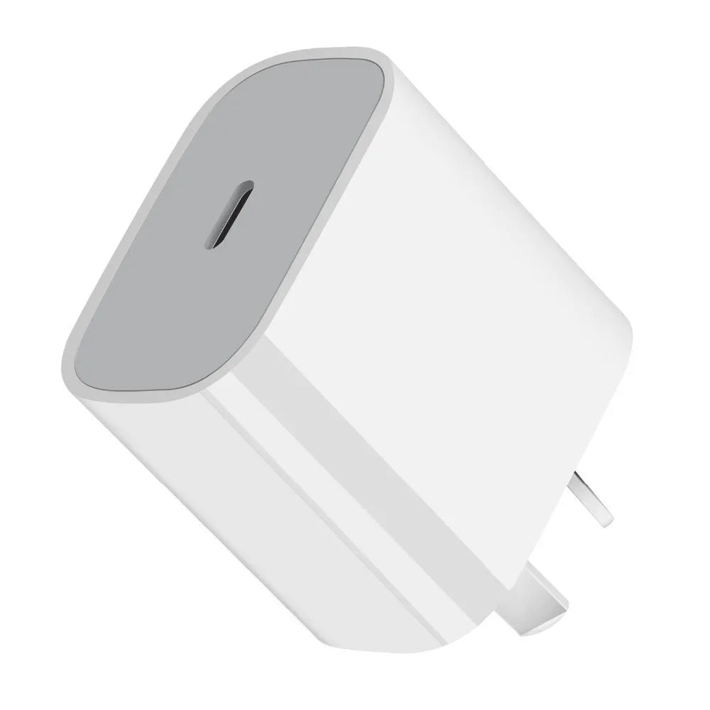 White 20W mobile PD charger with Type-C interface showing international plug compatibility
