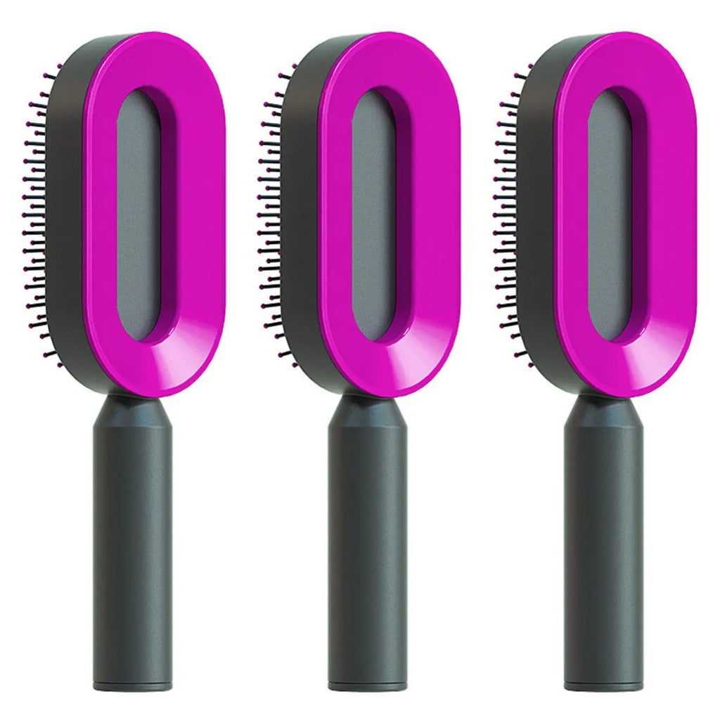 Self-cleaning air cushion hair brush in white, black gold, or black purple with ergonomic handle