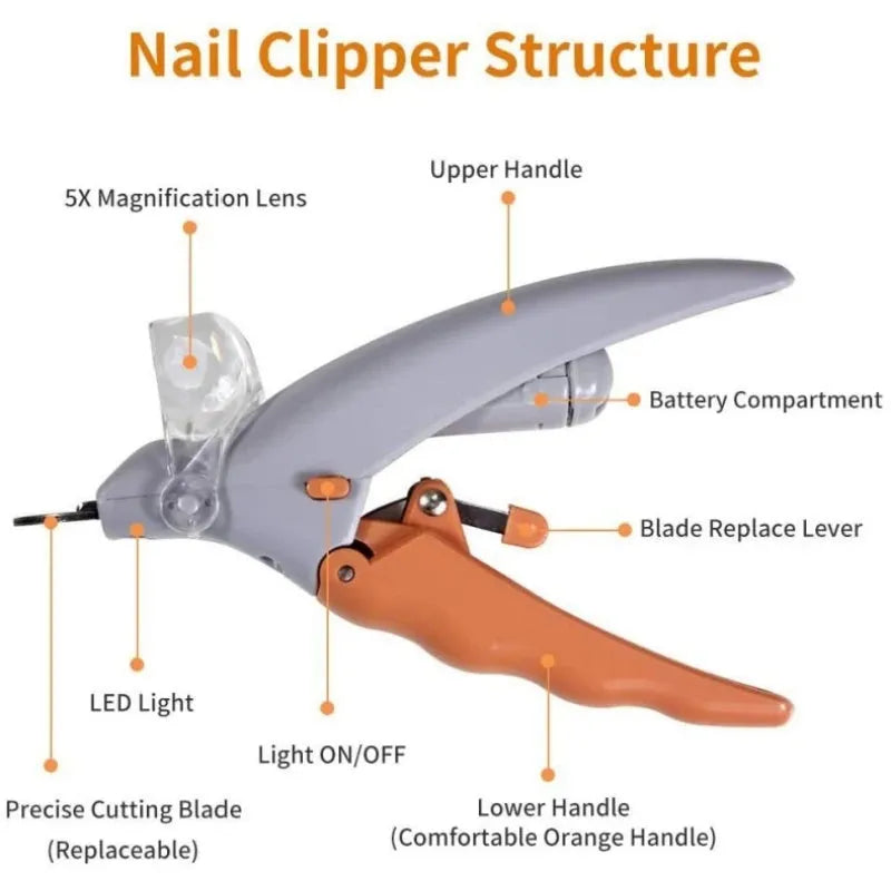 Yellow pet nail clippers with built-in LED light and magnifying lens for dogs and cats.