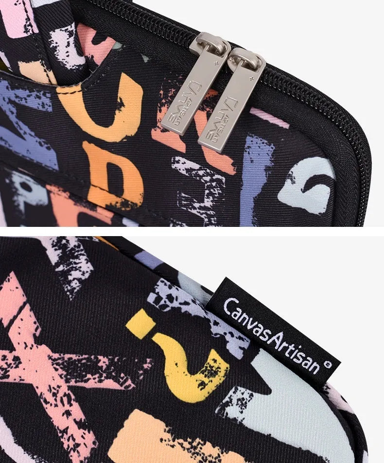 Black polyester laptop tablet bag with printed letter pattern, 13 inch size, waterproof anti-seismic unisex carrying case