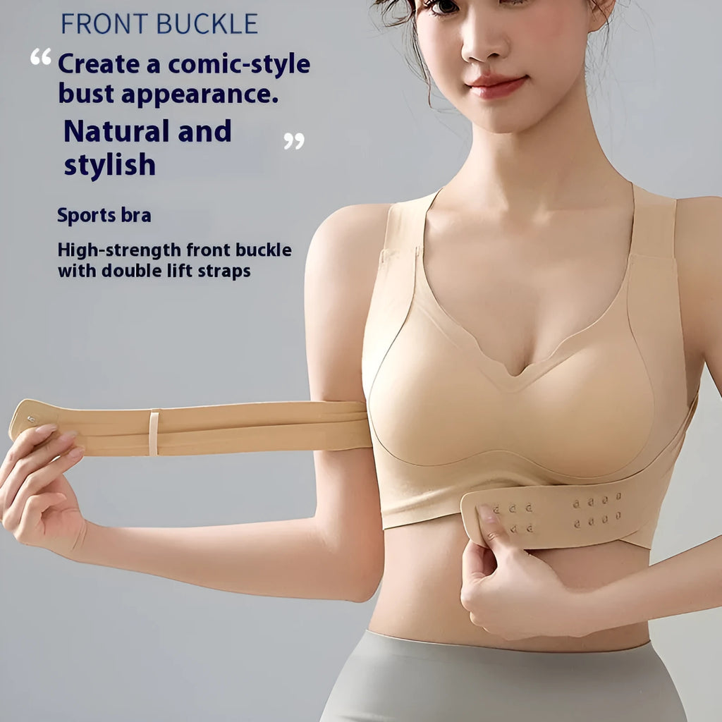 Female cross exercise shaping bra with front buckle closure and fixed double shoulder straps