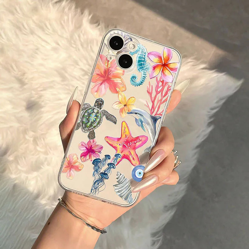 Transparent iPhone case with painted dolphin and turtle design for Apple models