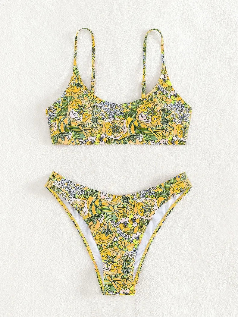 Women's printed two-piece bikini set in polyester, sleeveless sling top and briefs bottom, peacock blue or lemon yellow, sizes S M L