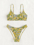 Women's printed two-piece bikini set in polyester, sleeveless sling top and briefs bottom, peacock blue or lemon yellow, sizes S M L