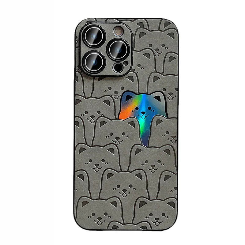 Laser full screen bear cat phone case in TPU imitation leather, yellow black silver grey, for Apple iPhone 11 to 15
