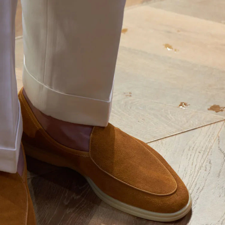 Men's handmade leather loafers in brown with a low tube design and TPR sole