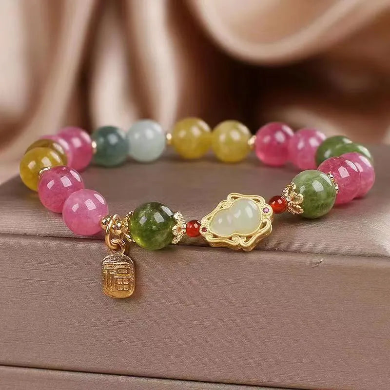 Women's colourful tourmaline gourd blessing card bracelet with electroplating finish and flower shape design