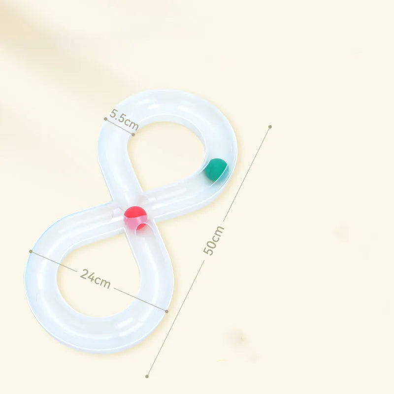 Blue and white cat toy set with turntable track, teasing stick, and four balls.