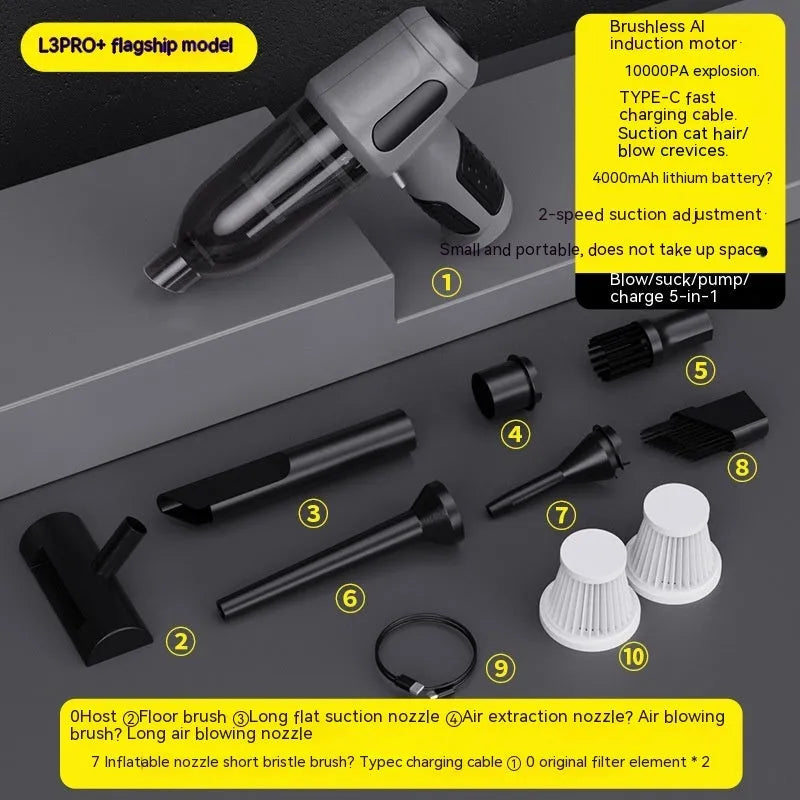 Black cordless handheld car vacuum cleaner with attachments on a grey car seat.