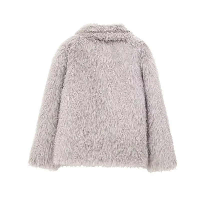 Women's faux fur jacket with lapel collar, long sleeves, solid colour, 50cm length, sizes XS to L