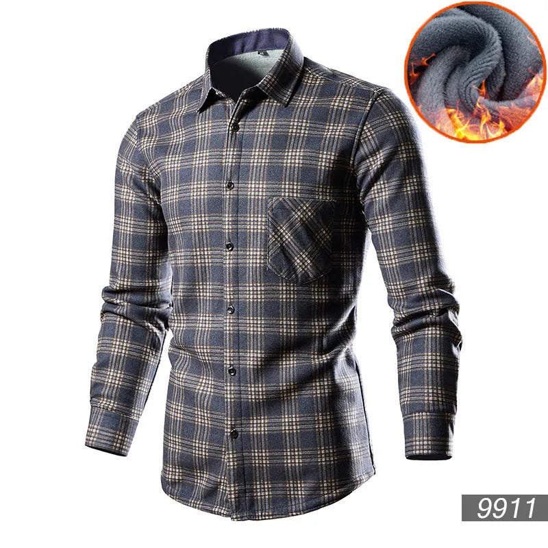Man wearing a solid-colour fleece-lined cotton blend cardigan shirt in a loose, casual fit.
