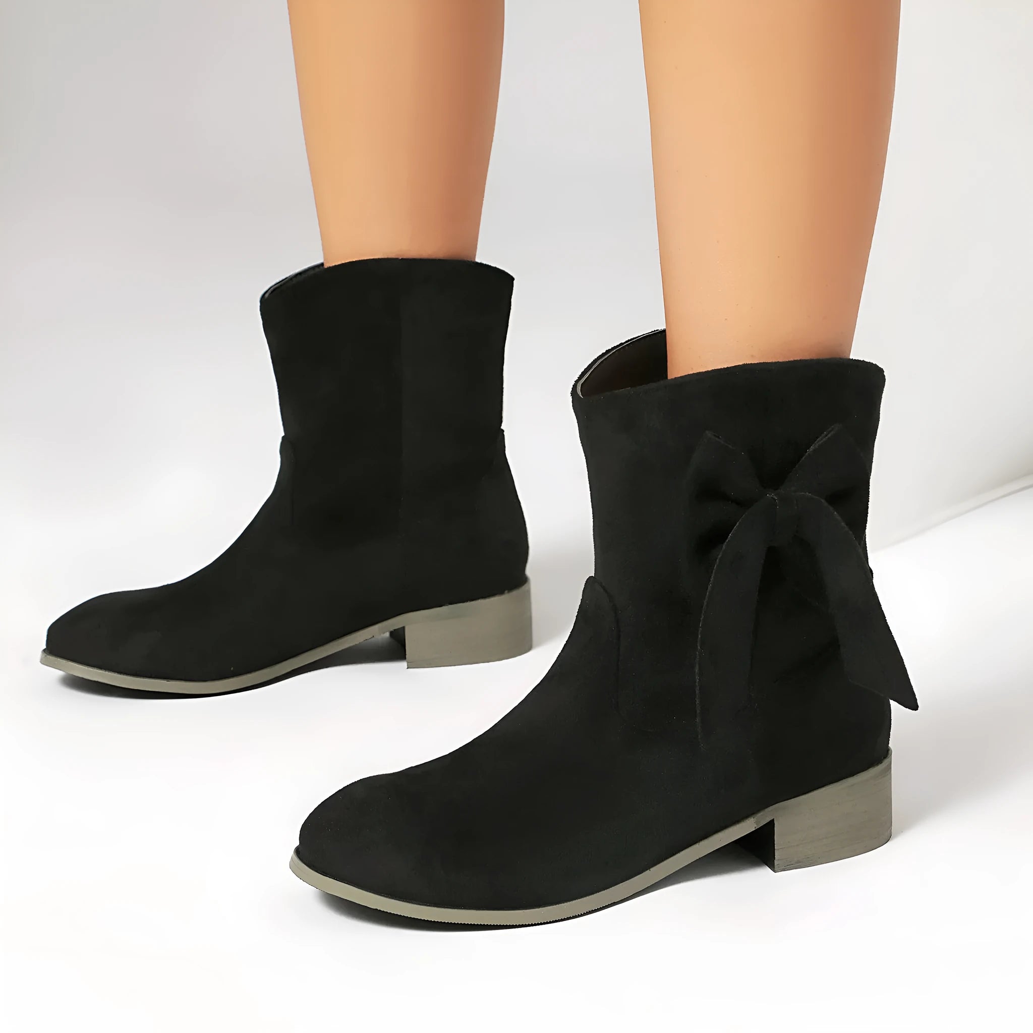 Low heel suede sweet bow casual boots for women, square heel, round toe, available in multiple colours