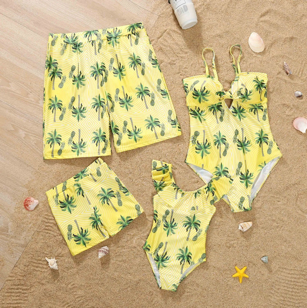 Parent-child quick dry swimsuit set in green, pink, red with polyester acetate blend fabric