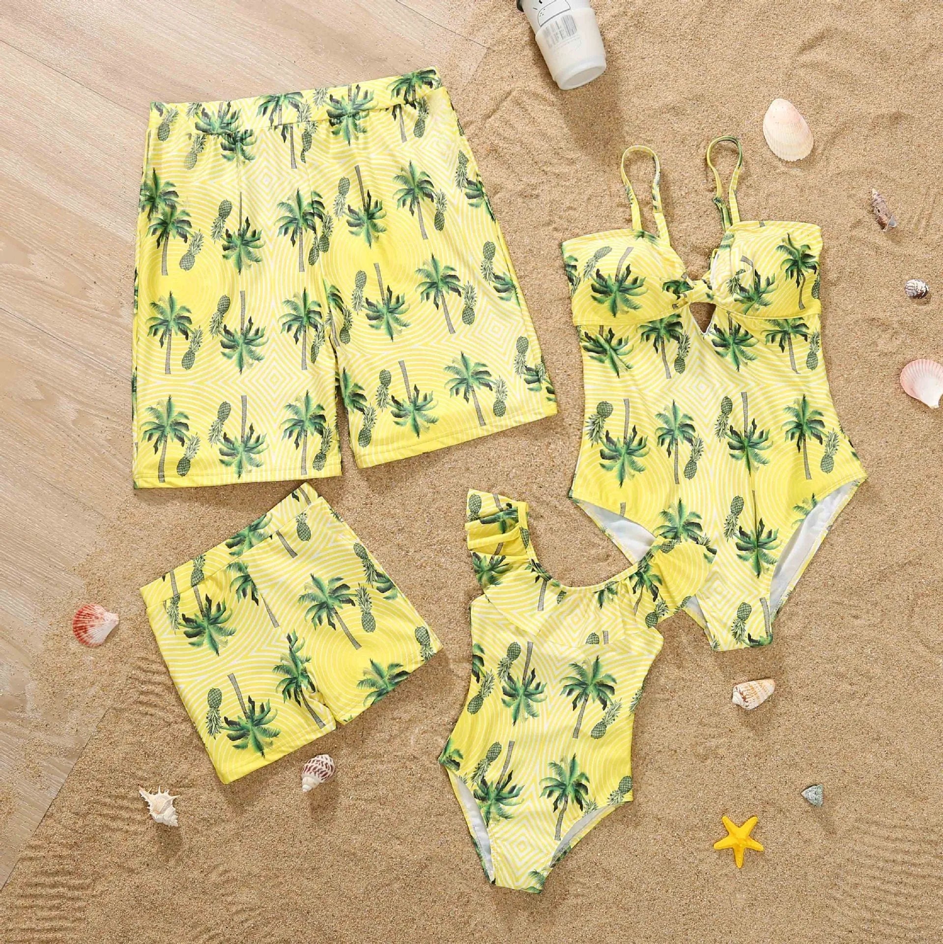 Parent-child quick dry swimsuit set in green, pink, red with polyester acetate blend fabric