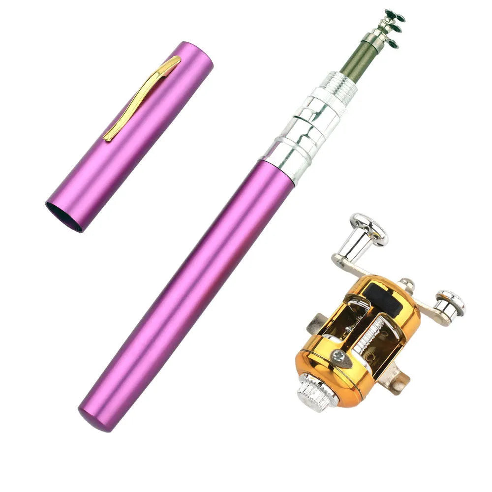 Gold telescopic pocket fishing rod kit collapsed next to its aluminium pen case and ST5RL plastic reel.