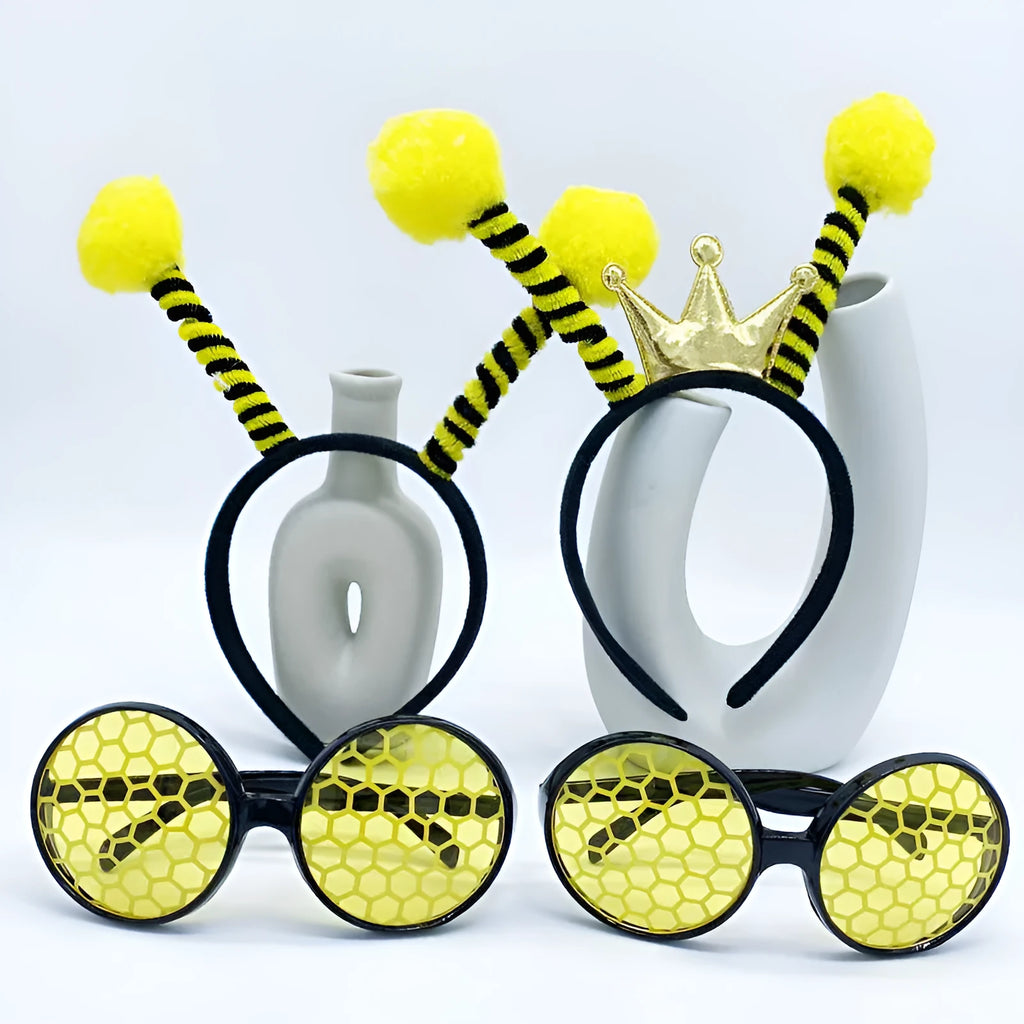 Yellow and black bee costume headband and glasses set on a mannequin head