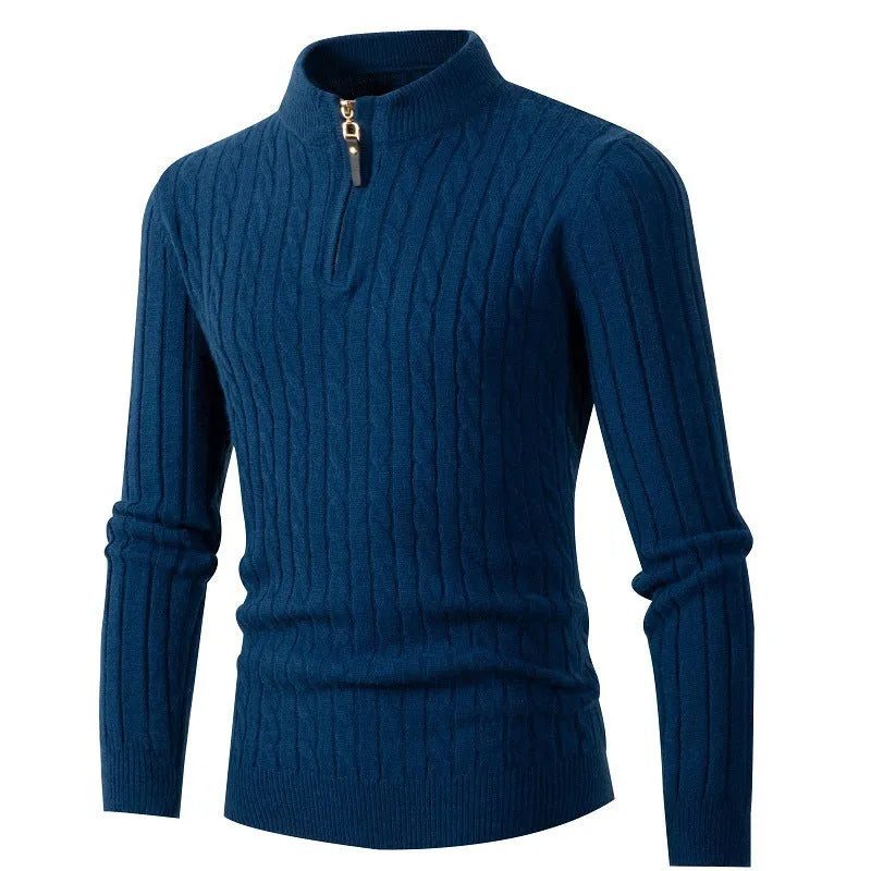 Men's thick twist zipper half open high collar sweater in gray