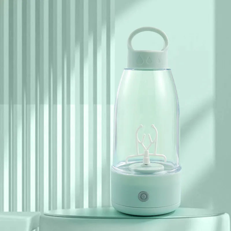 Automatic electric shaker bottle with USB charging port in green, pink, and white colours.