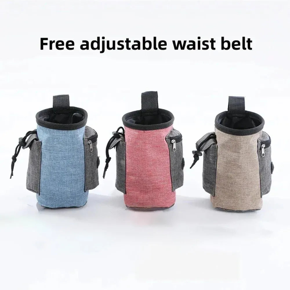 Portable pet outdoor training waist bag in blue, showing clip and elastic opening.