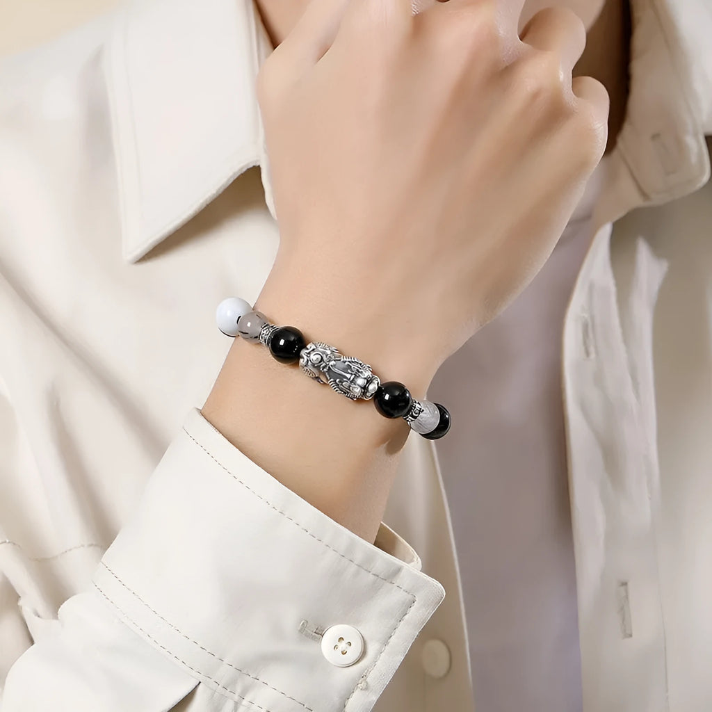 Sterling silver couple bracelets with hand-woven DIY watch band and animal tassel national style elements