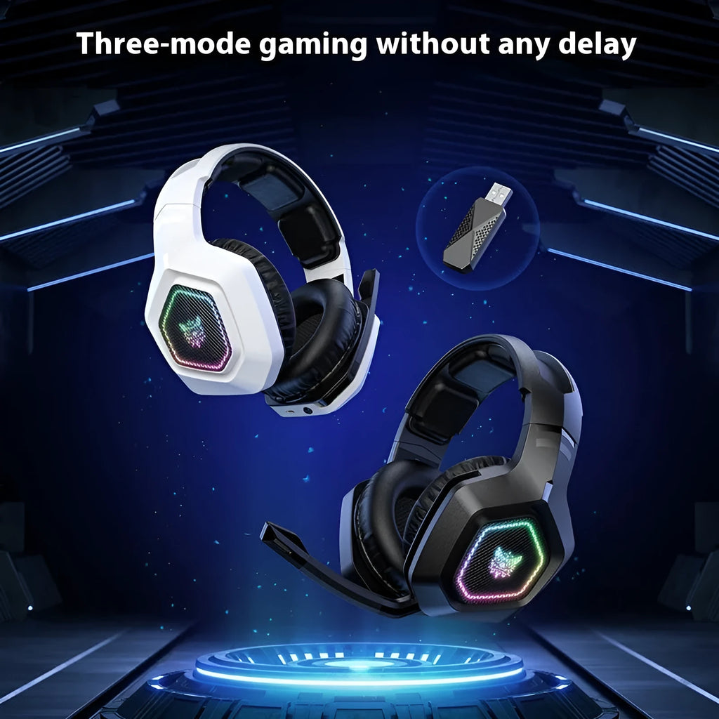 Black and white wireless gaming headset with RGB lights showing ultra-lightweight 24g design