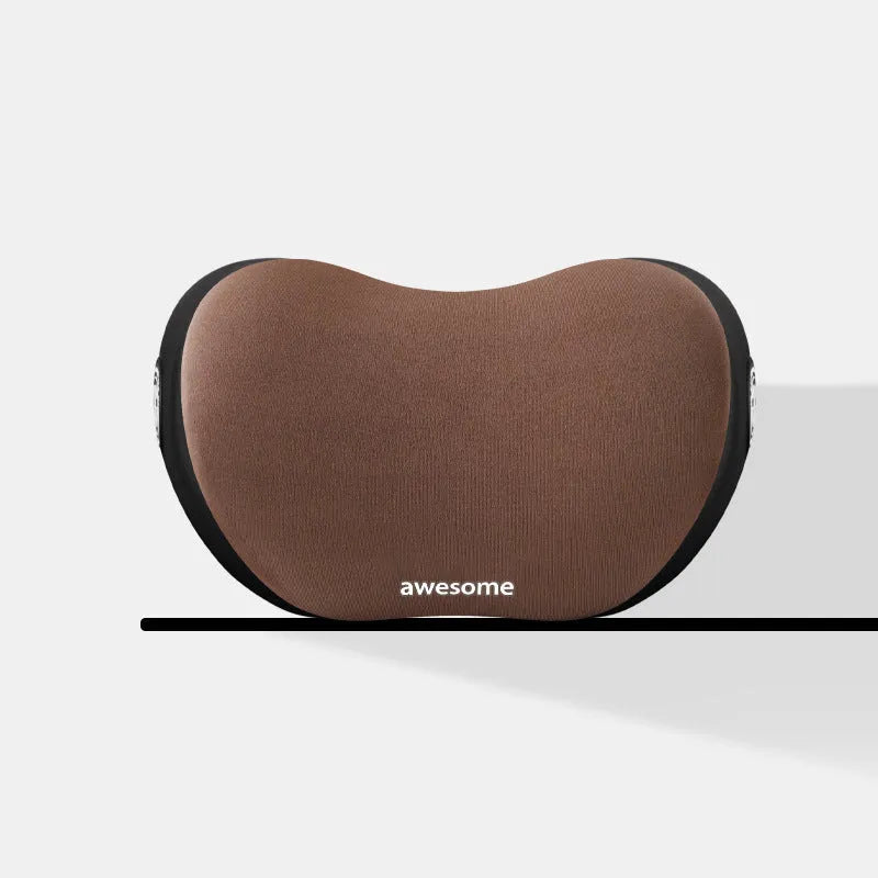 Black car headrest and lumbar support pillow set with cow head design pattern.