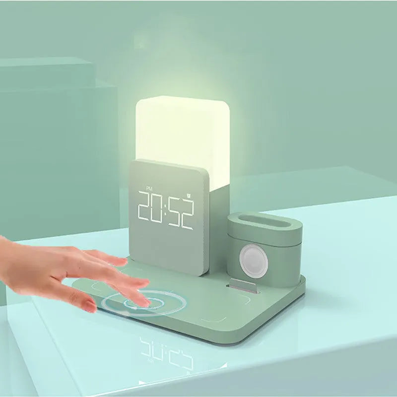 A folding 3-in-1 wireless charger stand for an iPhone, Apple Watch, and AirPods in dark green