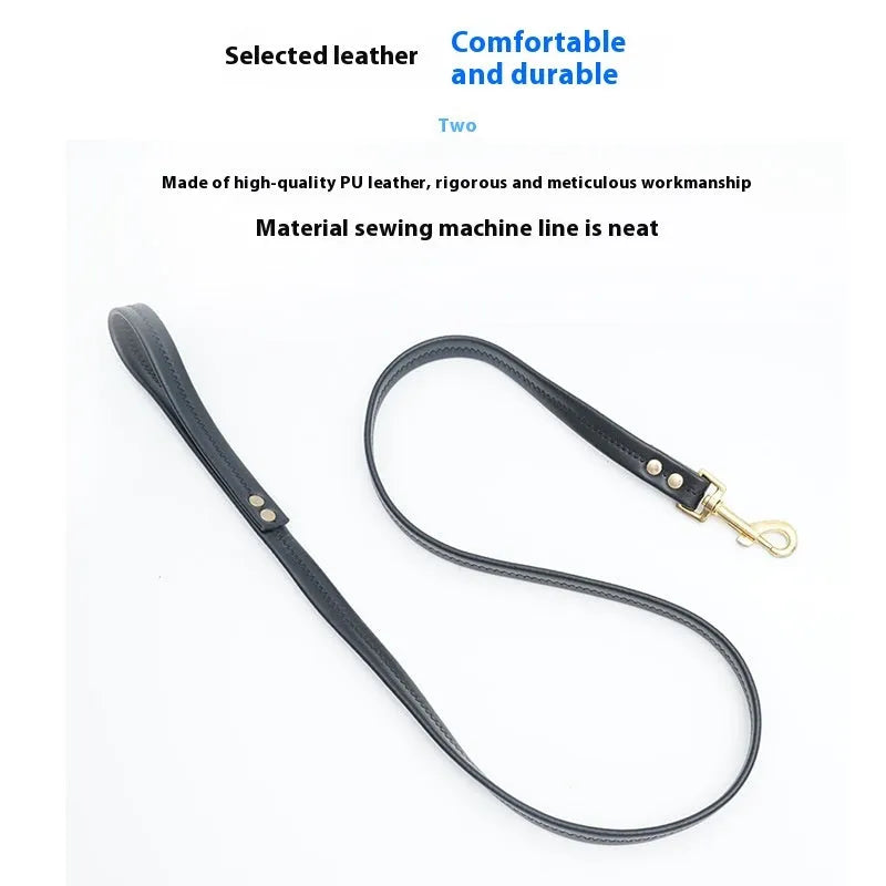 Black PU leather dog traction belt with metal clip, laid out to show length.