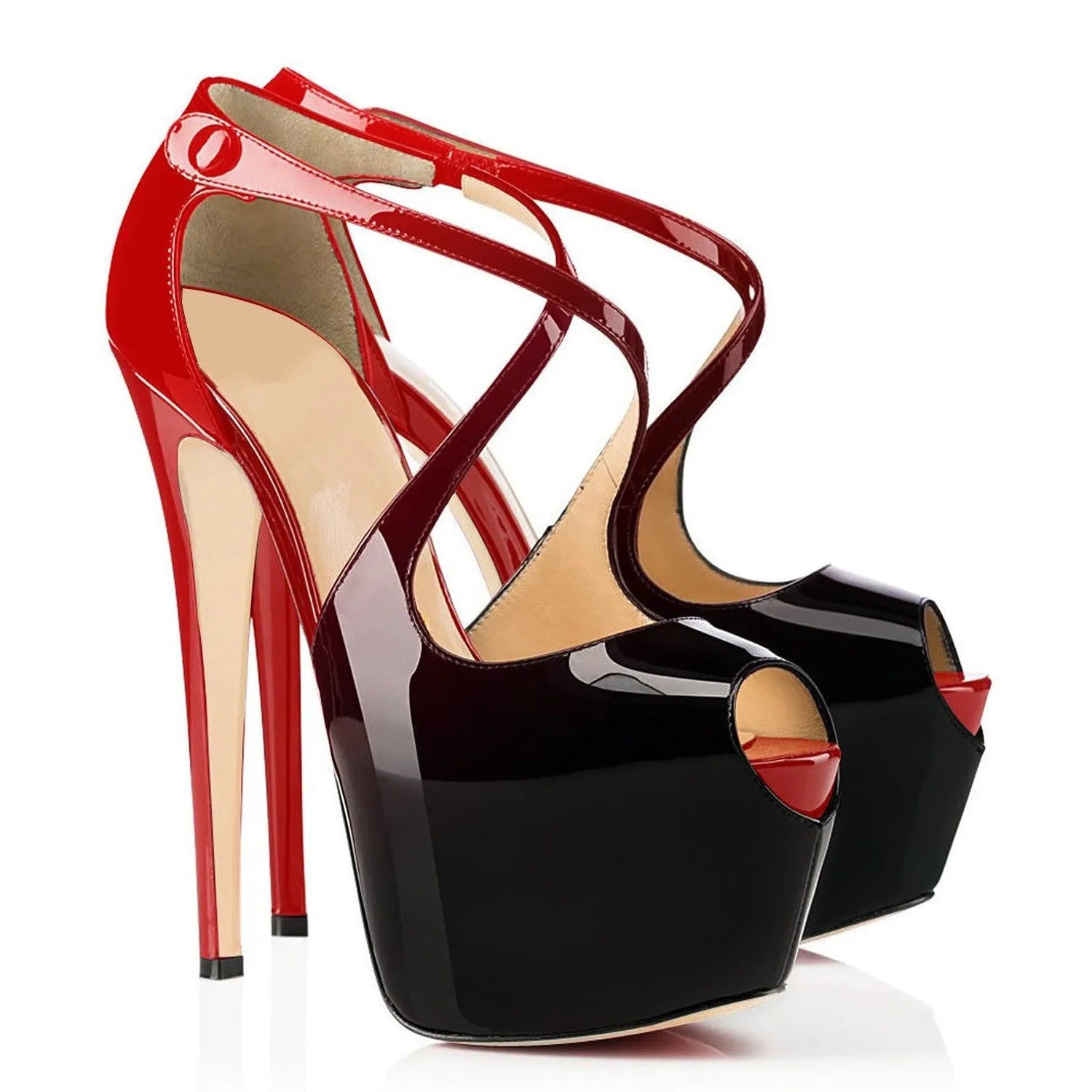 Women's black and red peep toe high heel shoes with a matching cross strap and a high rubber sole.