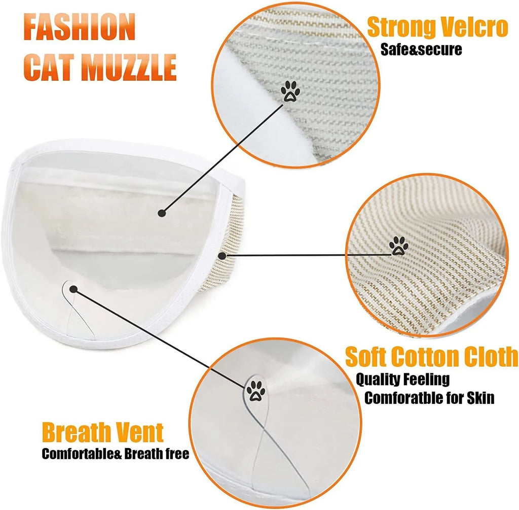 Transparent PVC and cotton cat muzzle shown on a pet, with visible breathing hole.