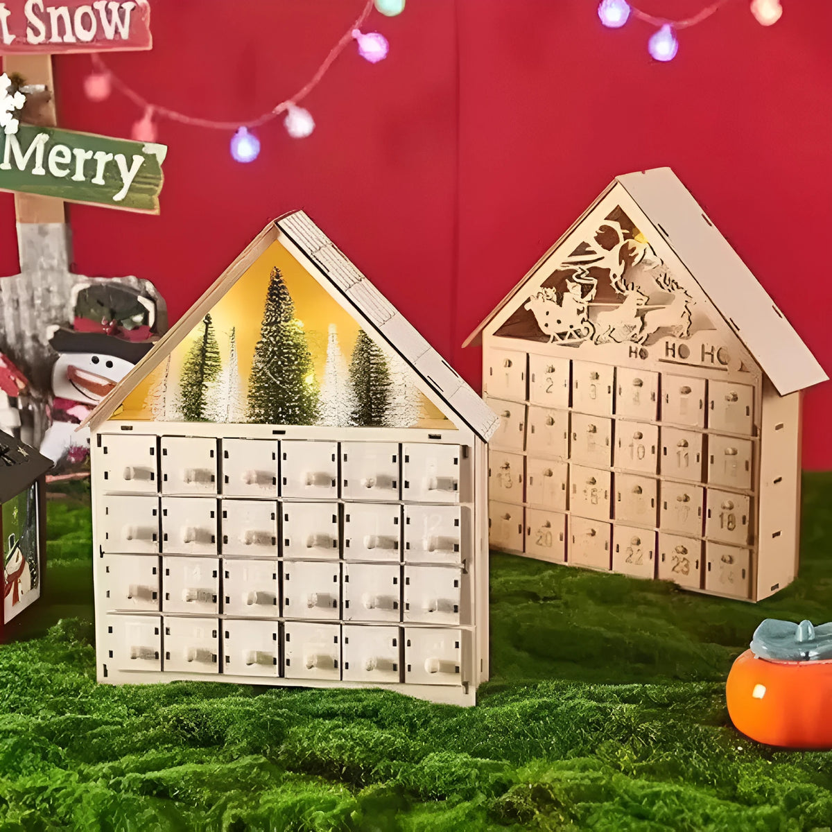 Wooden LED advent calendar decoration in poplar wood with glowing countdown design for Christmas tabletop display