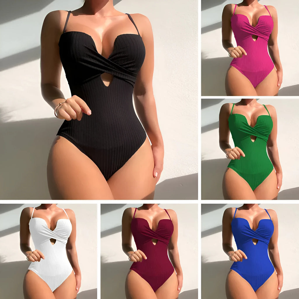 Solid colour slim-fit one-piece swimsuit for women on a mannequin, shown in rose red.