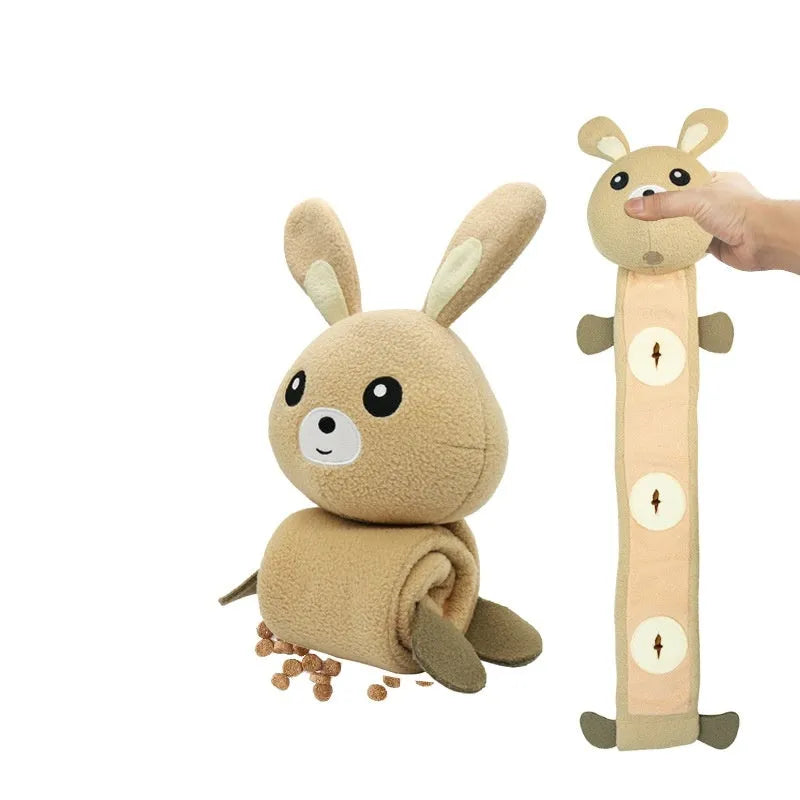 Plush dog sniff toy in poached bunny colour with food hiding and soundmaking features