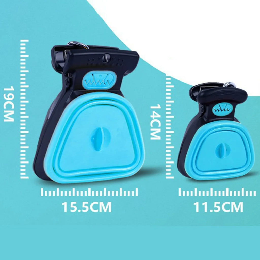 Blue handheld dog pooper scooper with foldable waste container and attached carabiner clip.