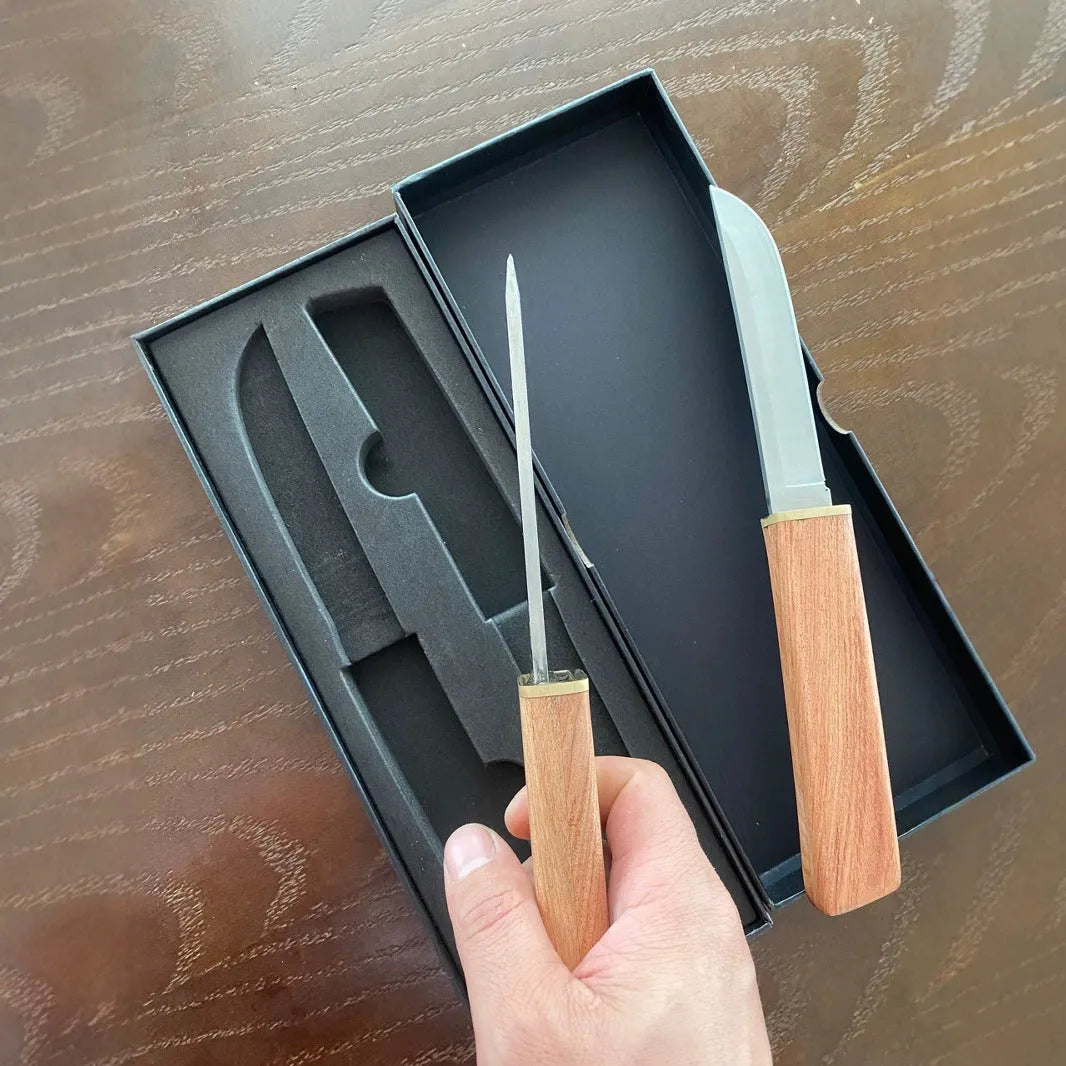 2-in-1 fruit knife set with stainless steel blades, wooden handles, and pointed and square heads