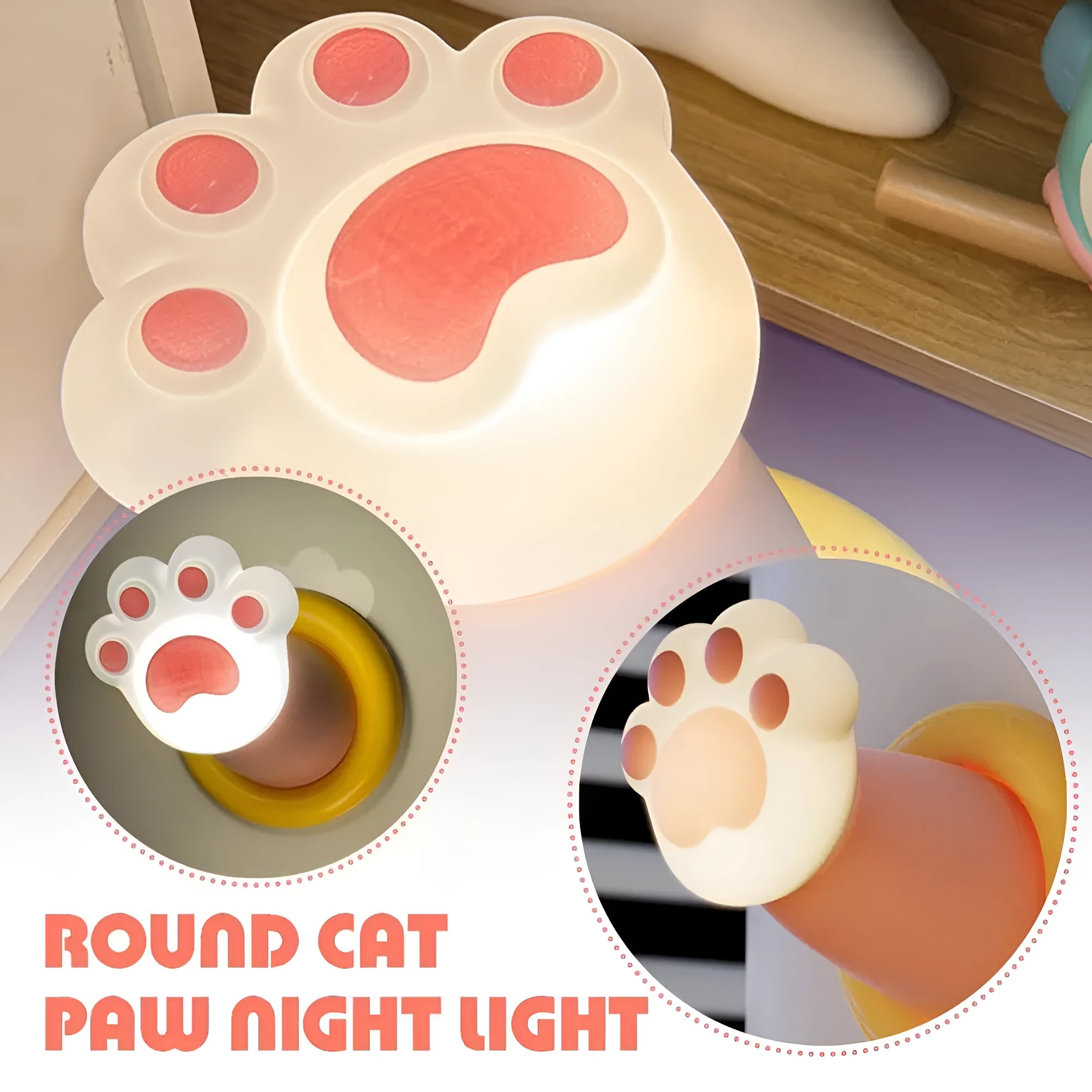 White rechargeable cat paw touch lamp with adhesive back, lit on a bedside table.