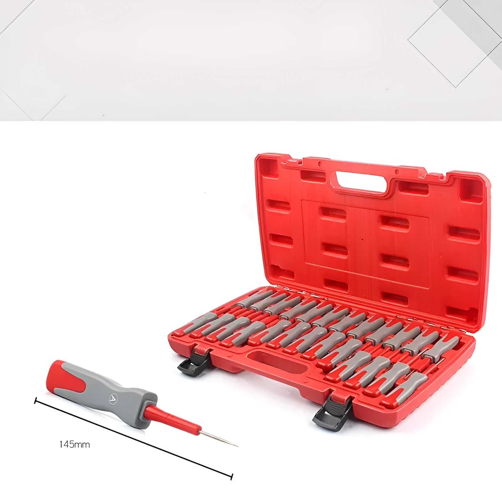 25 piece car terminal removal tool set in a black storage case with tools arranged for auto electrical repair.