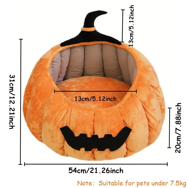 Halloween pumpkin-shaped pet bed with cartoon devil design for cats and small dogs
