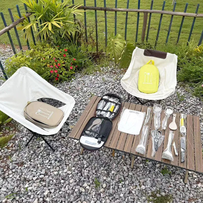 Portable picnic kitchenware storage bag containing 12 stainless steel pieces.