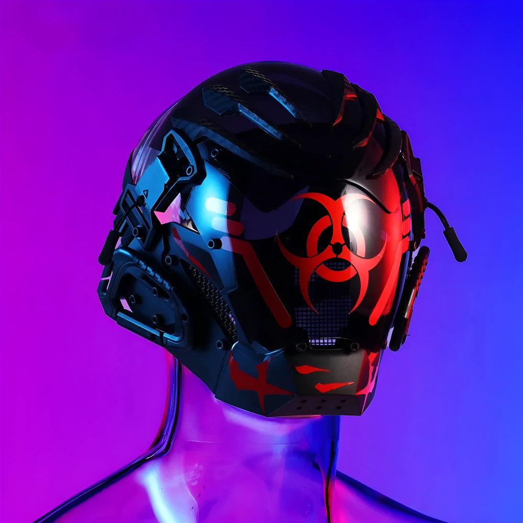 Black full face helmet prop with a bioweapon tech design for cosplay and parties.