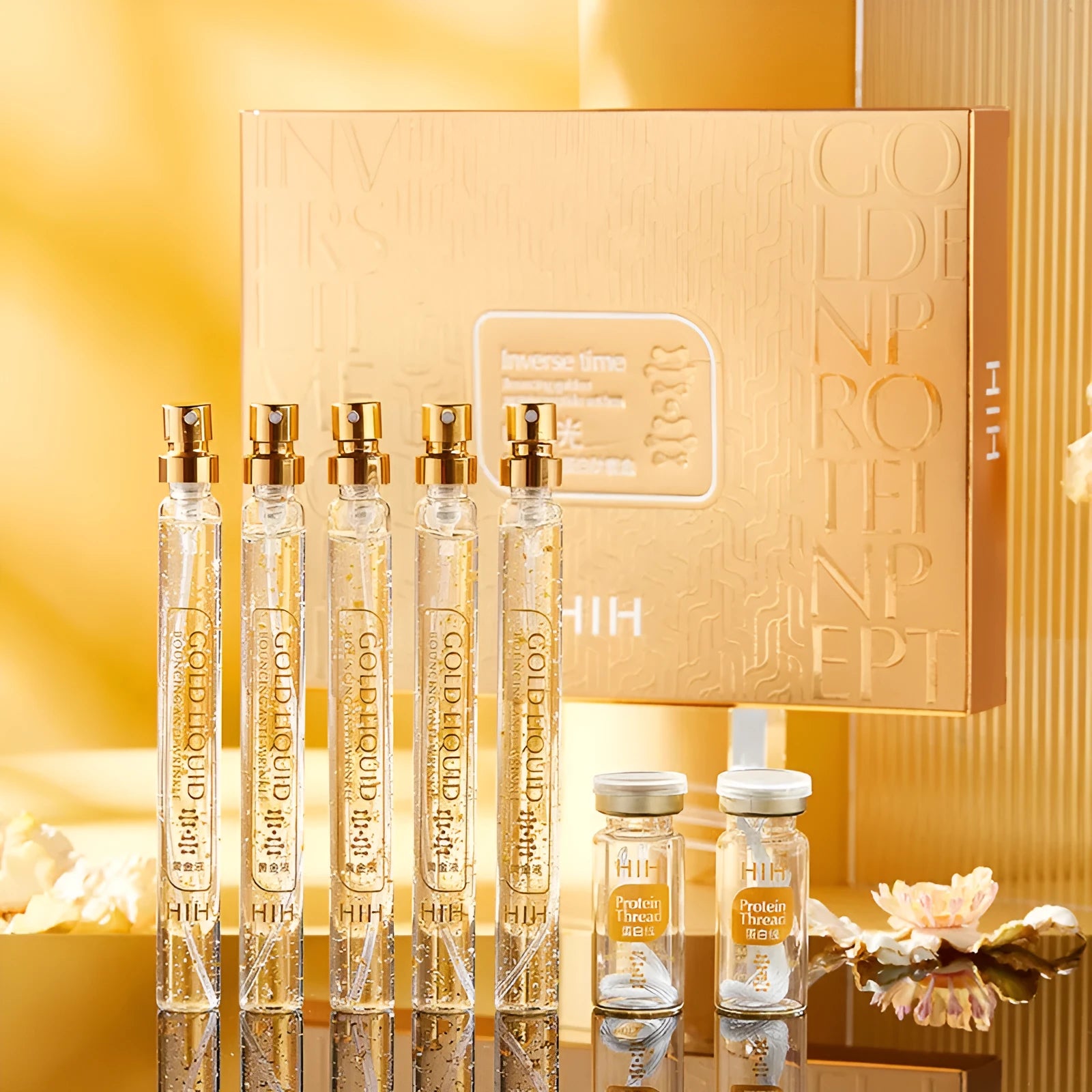 Gold protein peptide kit with 5 x 15ml essence bottles and 20 sticks in two containers