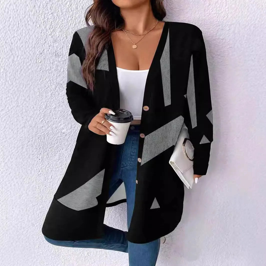 Black plus size casual cardigan coat with button stitching and printing design in Japanese Korean style